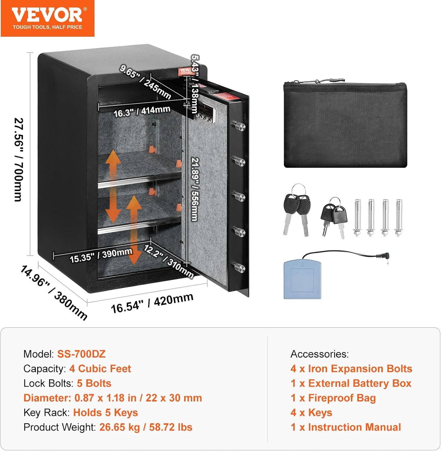 VEVOR Safe Tresor mit feuerfester Geldtasche, Einzeltür-Safe 4 Kubikfuß, 2 Trennwände, digitaler Möbeltresor mit Schlüssel Code, Wertsachenbox für Geld Schmuck, Geldtresor Schwarz