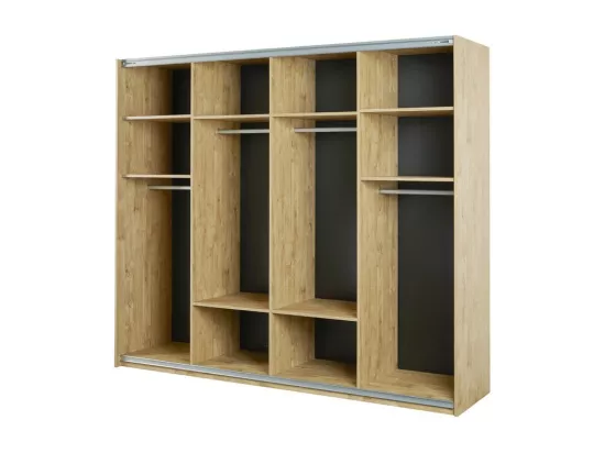 Chambre à coucher collection MORGANE : armoire 250 cm, lit avec applique 180x200, commode, chevets, chêne doré et noir