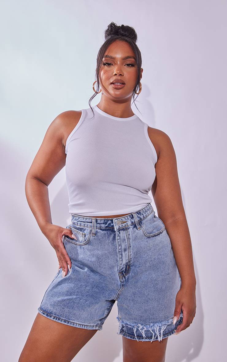 Light Blue Wash Short En Jean Long Effet Usé Grande Taille