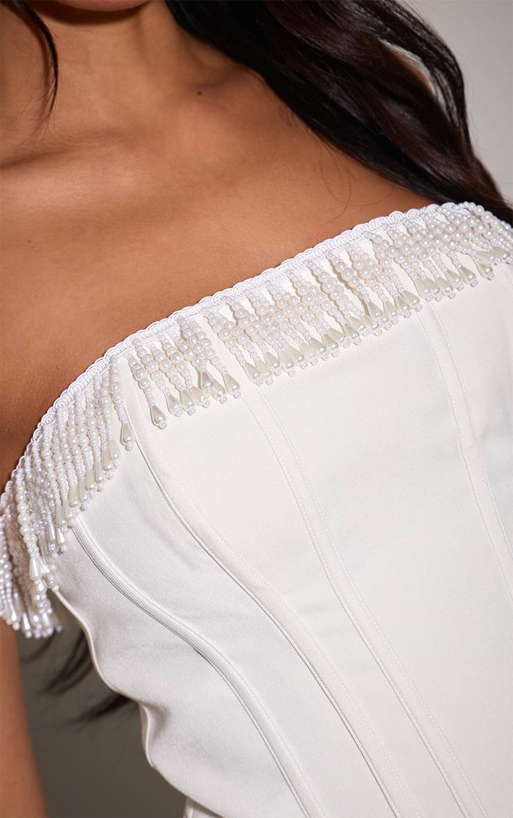 Crème Corset Bustier À Baleines Avec Franges De Perles