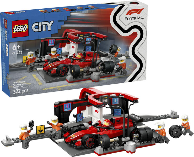 Lego F1-pitstop og pitcrew med Ferrari-bil