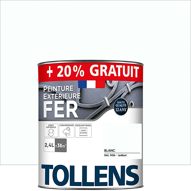 Peinture extérieure fer Tollens brillant blanc 2L + 20% gratuit