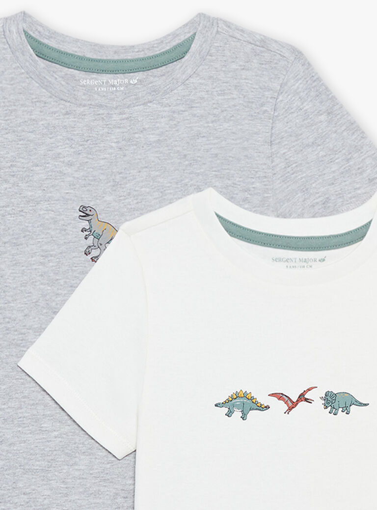 2 T-shirts en coton biologique gris chiné et écrus thème dinosaures