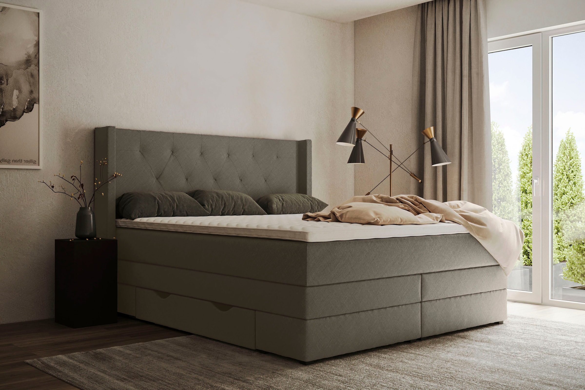 PLACES OF STYLE Boxspringbett »Elegance« mit schöner Knopfheftung, in den Härtegraden H2 & H3, inkl. Schubladen