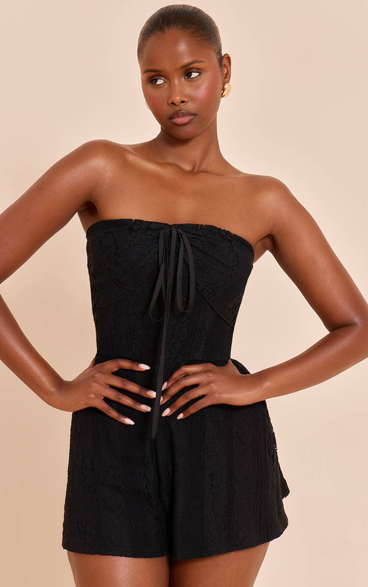 Noir Combi-short En Dentelle À Col Rabattu