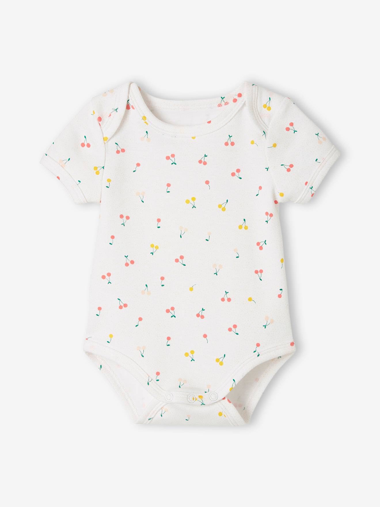 Pacote com 5 bodies de manga curta para bebês com estampa de frutas, nas cores branco claro e bicolor/multicolorido.