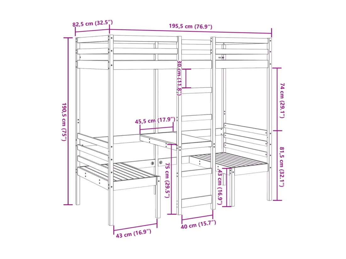 Lit mezzanine avec bureau et chaises 75x190 cm pin massif