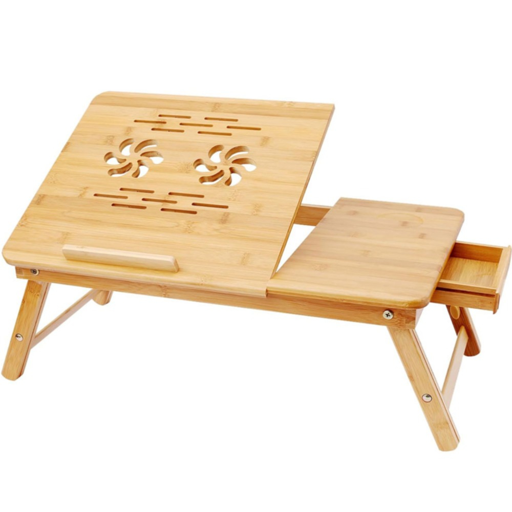 Verstellbarer Bambus Laptopständer Betttisch mit Mausablage und Aufbewahrungsschublade für Macbook / Laptop und Tablet (54x33x5cm)