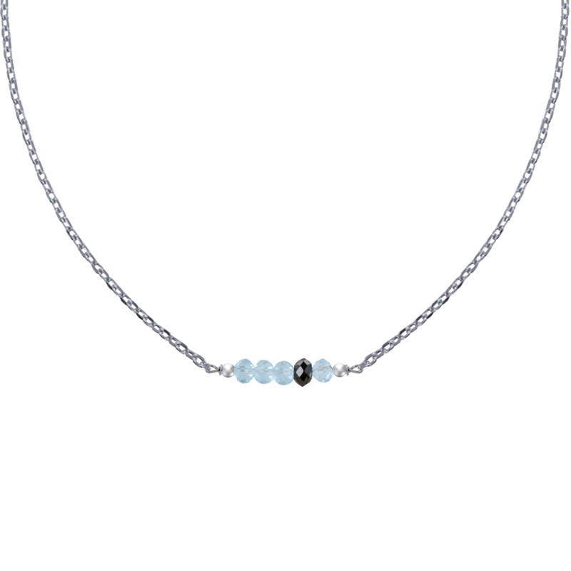 Collier Chaine Argent Rhodié Quatre Perles Facettées de Topaze et Un Diamant Noir Facettée