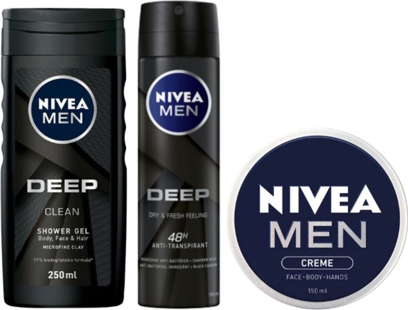 NIVEA MEN Deep Geschenkset Mannen - Cadeau Man - Giftset met Douchegel, Deodorant en Crème - Kerst Kado - Kerstcadeau