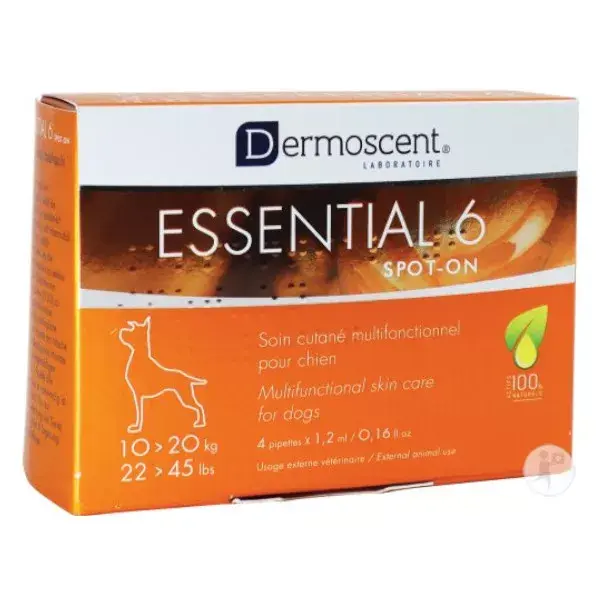 Dermoscent Essential 6 Cuidado para Pele e Pelagem de Cães de 10 a 20 kg - Aplicação Única - 4 x 1,2 ml
