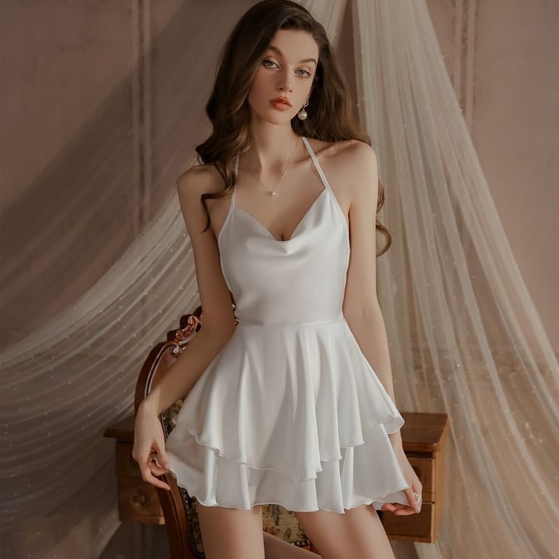 Sweetzer - Halter coltrui effen gelaagde open rug nachtjapon / pyjamajas / set