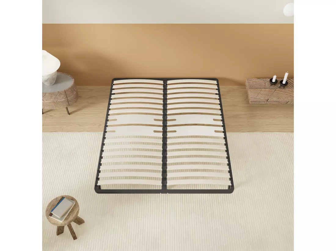Cadre à lattes en bois 90x200 cm – cadre en acier et lattes en bois – 7 pieds hauteur 25cm – renfort lombaire