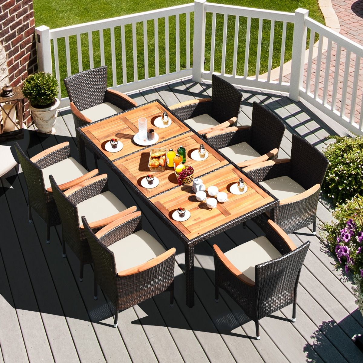 Salon de Jardin en Rotin 9 Pièces pour 8 Personnes Plateau de Table en Acacia Ensemble de Salle à Manger avec Coussins Amovibles Charge 160KG - Lidl-Manfred