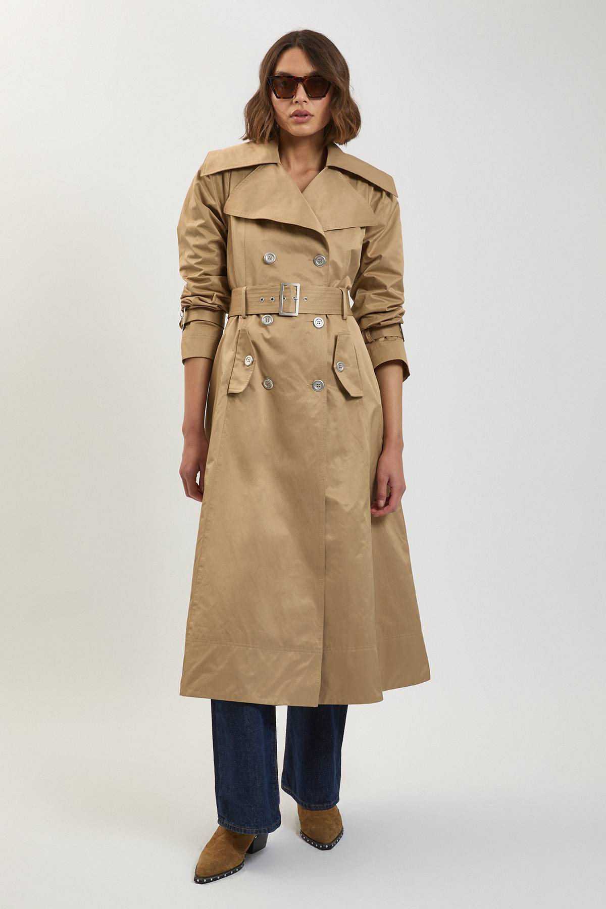 KarenMillen Trench-Coat Classique Ceinturé en Coton Brillant