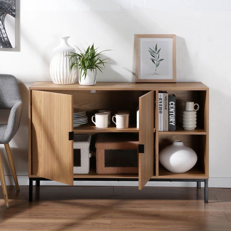 Dressoir met 2 deuren en 2 open vakken in groefhoutlook L110 cm - TARA