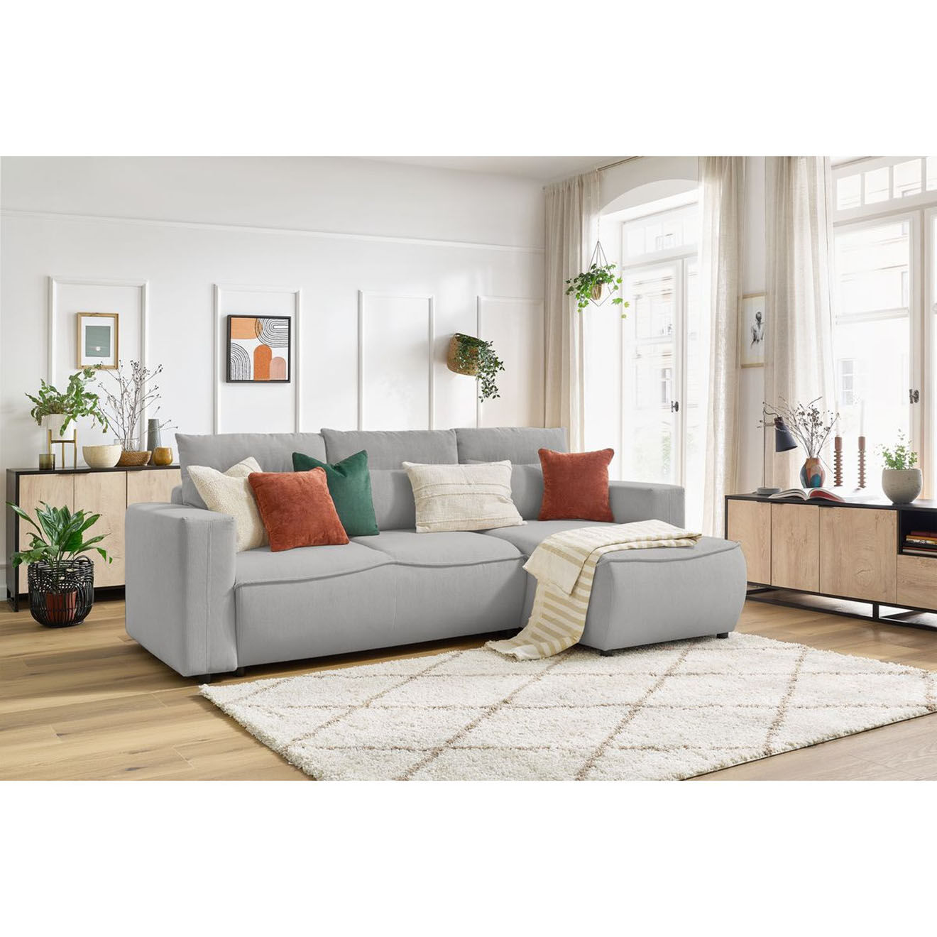 Bobochic Canapé d'angle droit convertible coffre jasmin velours côtelé gris clair - 256x158x90 cm