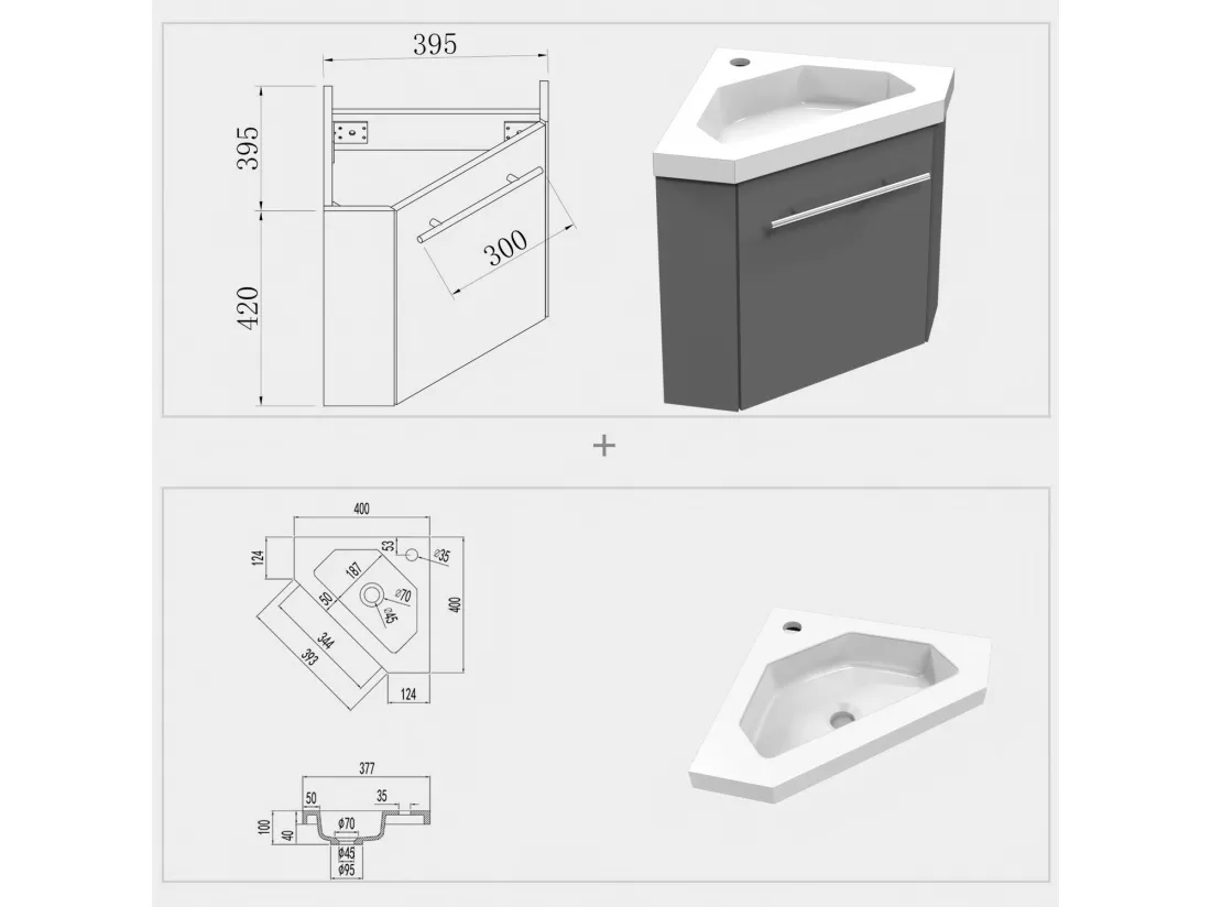 Meuble lave-mains l.39.5 x H.39.5 x P.42 Anthracite assemblé, Aica