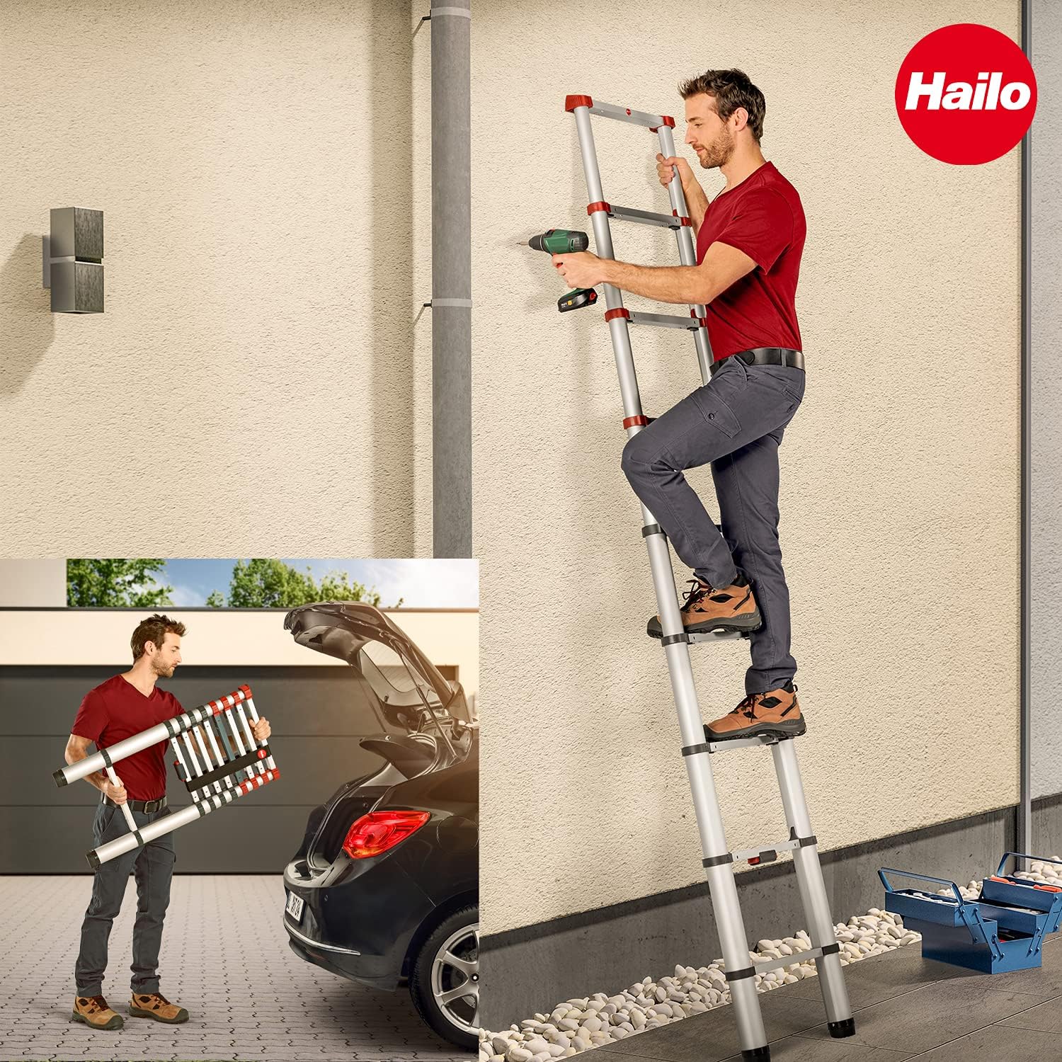 Hailo T80 FlexLine Alu-Sicherheits-Teleskopleiter - ausziehbare Anlegeleiter mit 9 Sprossen - Arbeitshöhe bis 340 cm - Gewicht 8,1 kg - Silber