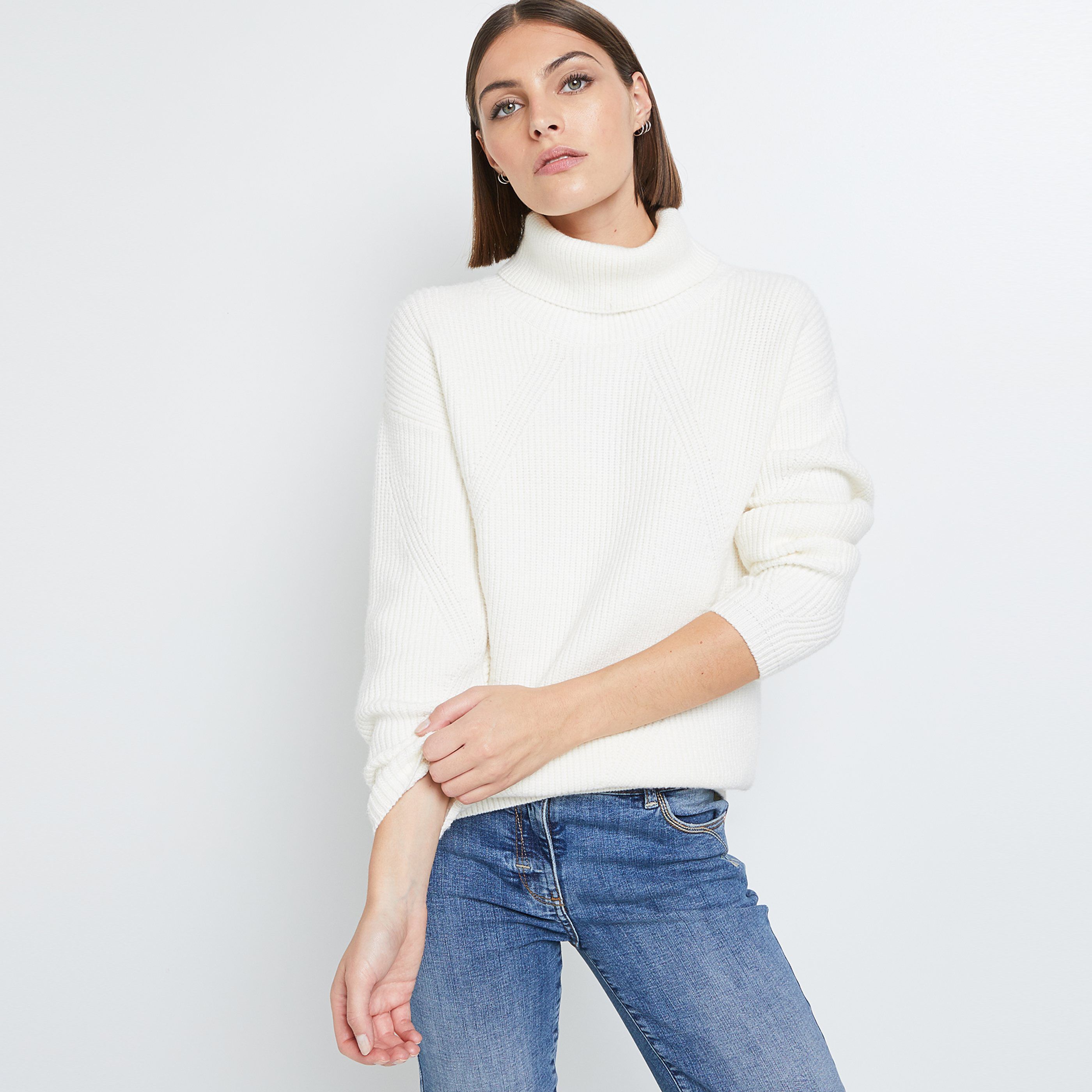 Pull col roulé uni femme - BLANC