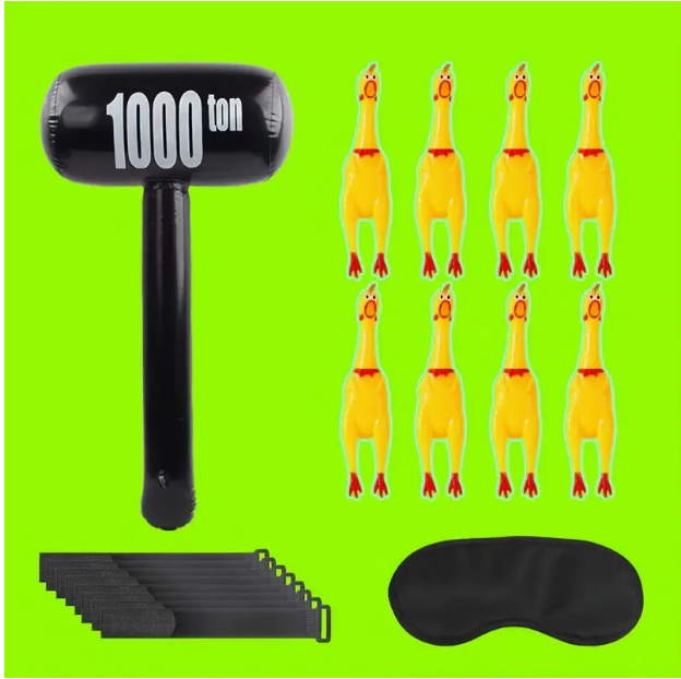 (18-tlg. Set) Schreiendes Huhn Schlag Spiel Party Hau das Huhn für Kinder / Erwachsene inkl. Hammer / Hühner / Augenmaske - Schwarz / Gelb