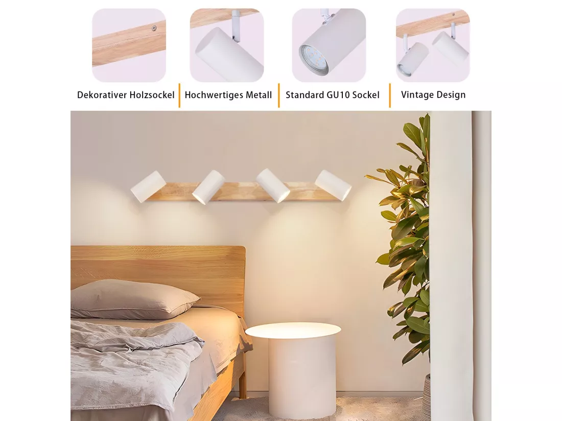 NETTLIFE Spot de Plafond 4 Ampoules Plafonnier en Bois Blanc GU10 Vintage Pivotant 350°