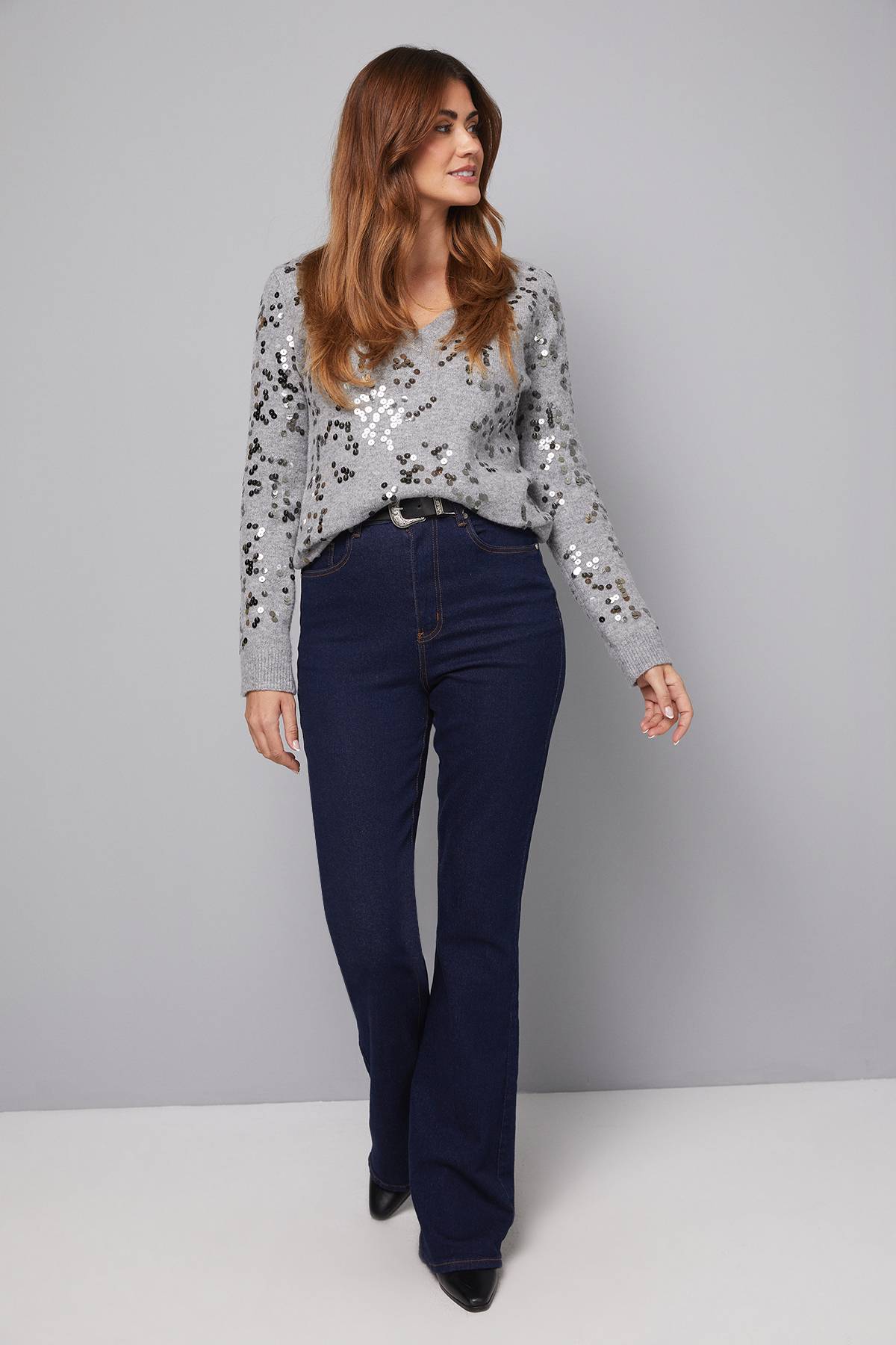Wallis synthétiquell Col V à Sequins avec Col