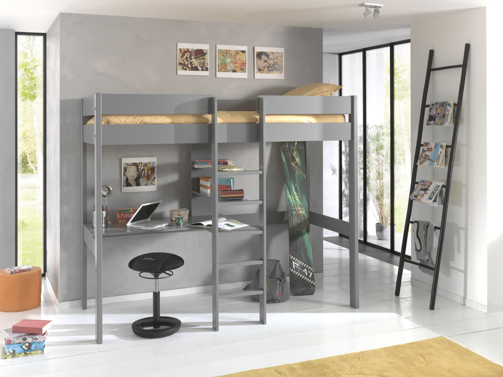 Hochbett OLIVER - grau - Kiefer massiv - mit Schreibplatte - 90x200 cm