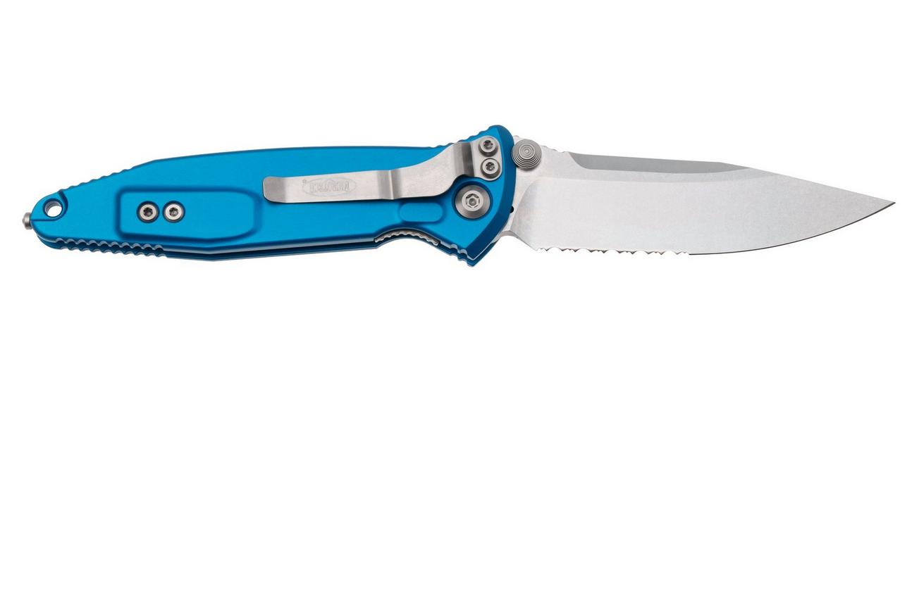 Microtech Socom Elite 160-11BL, Stonewashed M390 Clippoint, Blue Aluminum, partly serrated zakmes