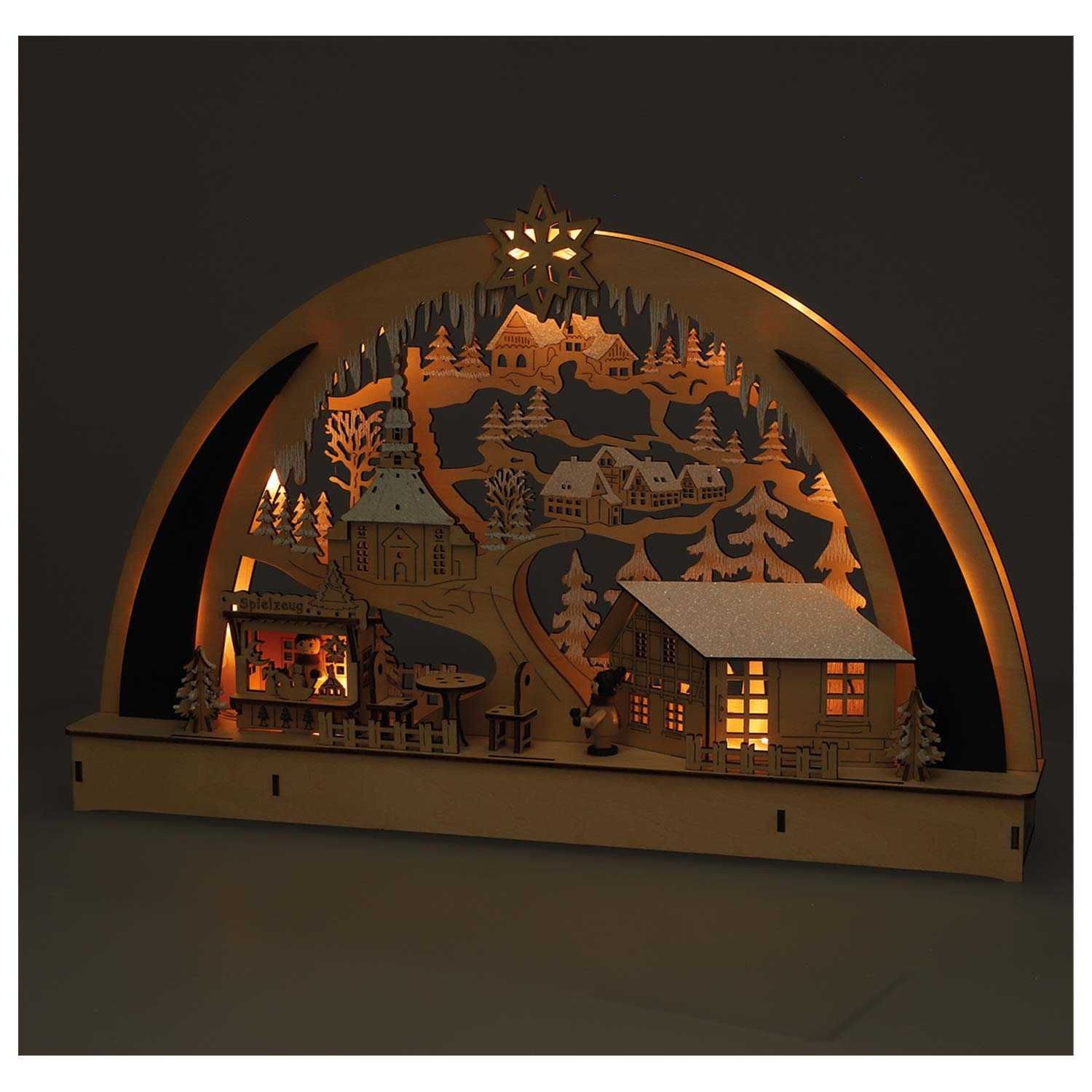 Schwibbogen in Seiffen aus Holz mit 7 LEDs & Timer warmweiß 45 x 7 x 29 cm