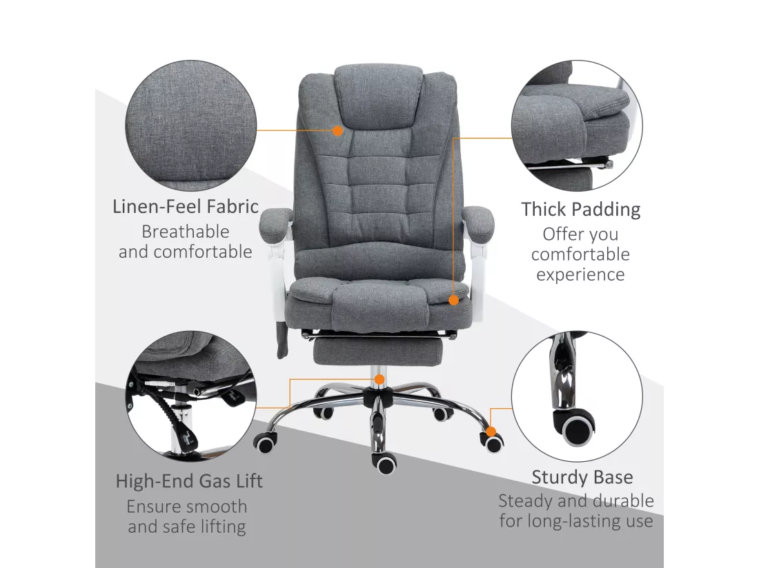 Fauteuil de bureau direction massant chauffant hauteur réglable dossier inclinable tissu gris