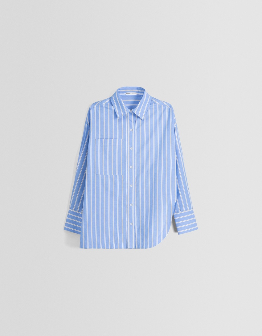 Camisa de popeline listrada de manga comprida e tamanho grande