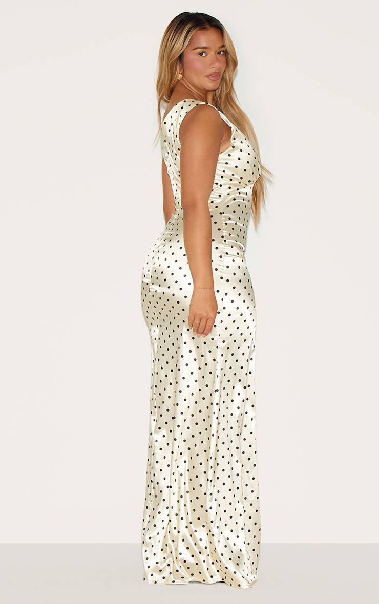 Pale Yellow Robe Longue Shape À Pois En Satin Avec Décolleté Plongeant