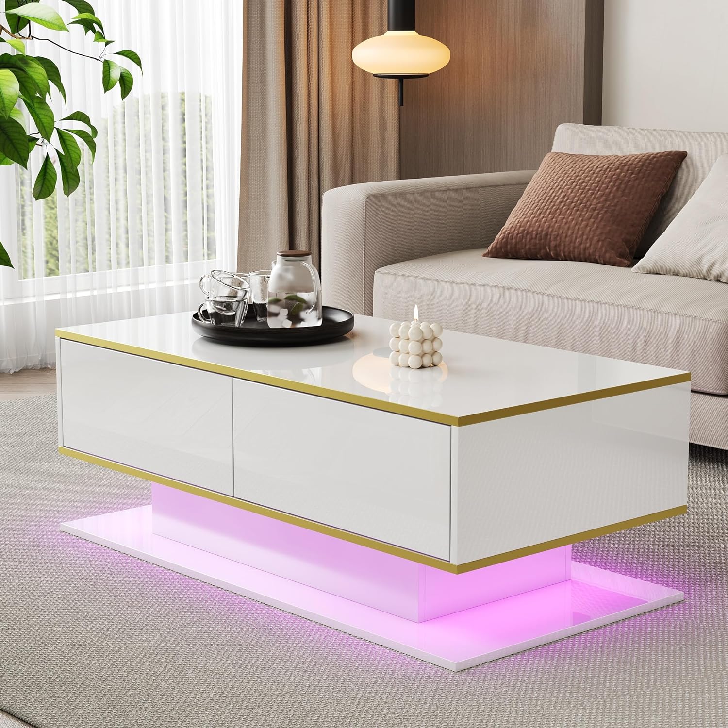 Merax LED Couchtisch Hochglanz mit Goldverzierung, Moderner Wohnzimmertisch 100x50x40 cm, Sofatisch mit 3 Schubladen & USB-LED-Licht, Kaffeetisch Beistelltisch Weiß
