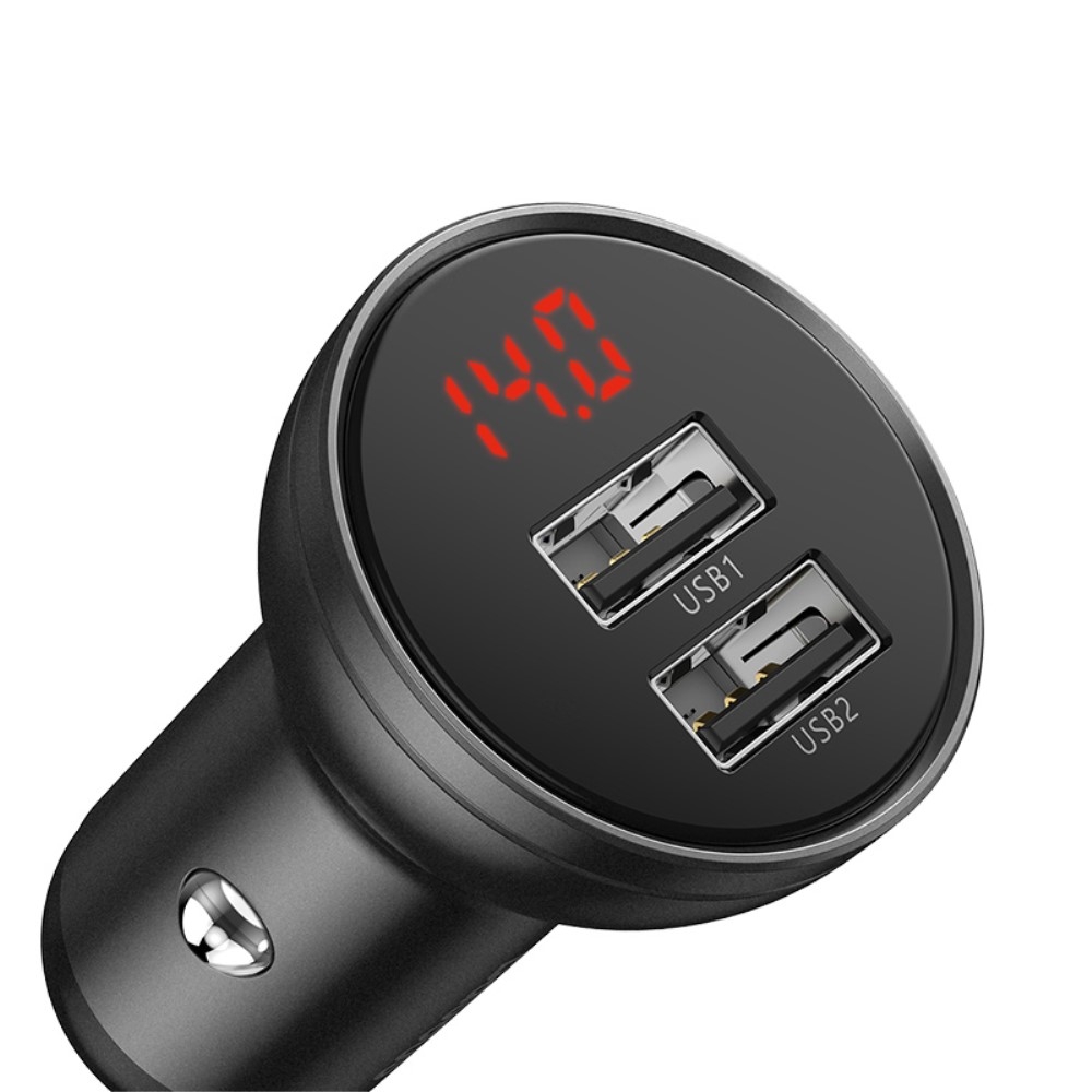 (1.2m / 4.8A) 3in1 USB Ladekabel Apple Lightning / Micro USB / USB C   Dual KFZ Ladegerät mit Display - Schwarz
