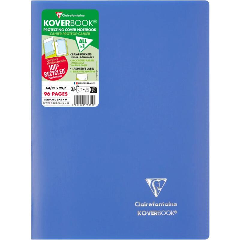 Cahier piqué Koverbook A4 96 pages petits carreaux couverture polypropylène opaque 100% recyclé - Assortis