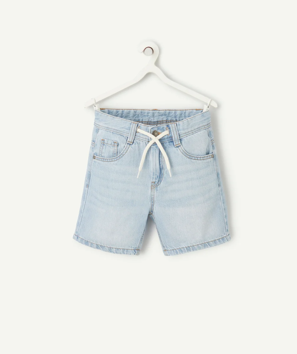 bermuda droit garçon en denim bleu low impact ciel avec cordons