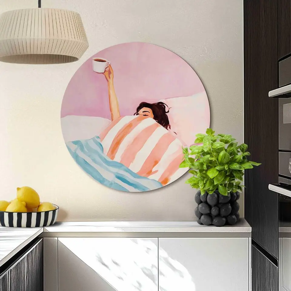 Glasschilderij Koffie in bed - Ø 70cm - Roze