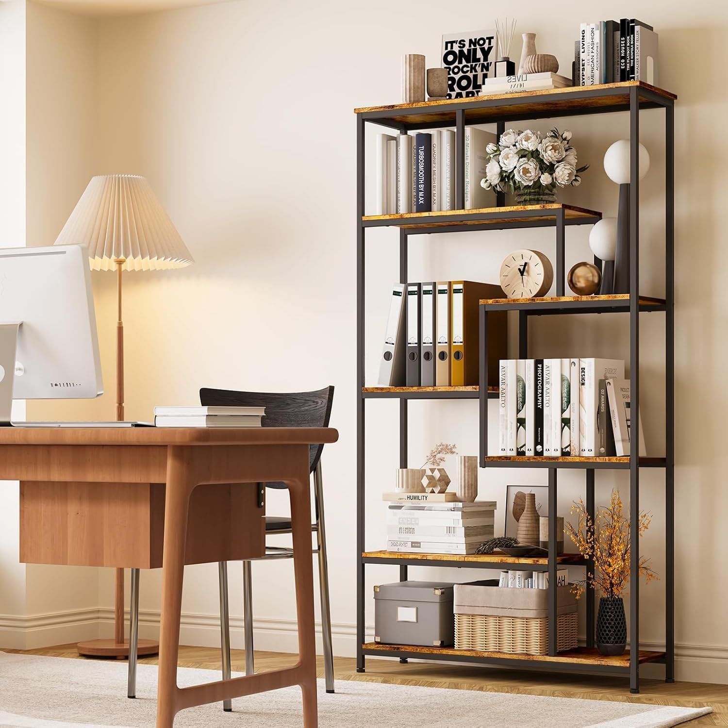 Bealife Bücherregal, 5-stöckiges Versetztes Bücherregal. Offenes Freistehendes Regal für Wohnzimmer, Industriedesign, 98 x 30 x 180 cm, Büro, Arbeitszimmer, Retro OR4751734