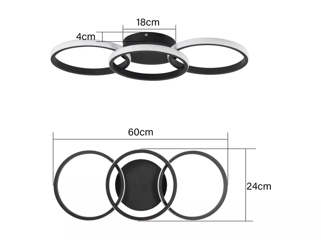 NETTLIFE Plafonnier LED Noir moderne Rond avec blanc chaud lampe de cuisine 36W pour salon, salle à manger, chambre, couloir