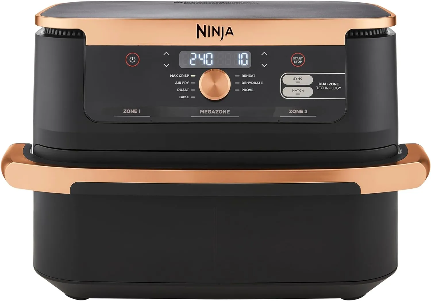 Ninja Foodi FlexDrawer Dual Zone Heißluftfritteuse, Airfryer mit 10,4-Fach und herausnehmbarem Trenner, Antihaftbeschichtung, spülmaschinenfester Korb, 7-in-1, Schwarz & Kupfer, AF500EUCP