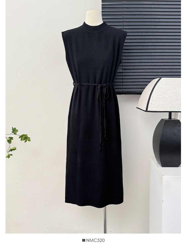 Lemongrass - Effen, losse midi-jurk met col en sjerp in 7 kleuren