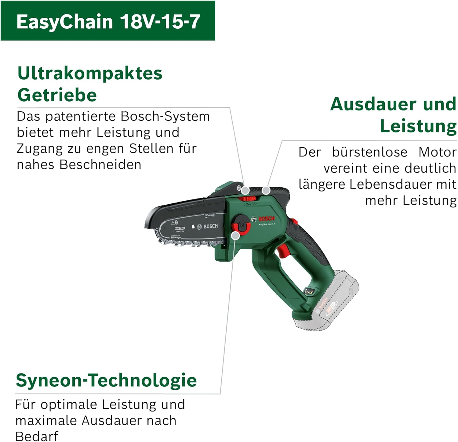 Bosch kompakte Mini Kettensäge EasyChain 18V-15-7 (Zum Schneiden von Holz; 18 Volt System; Kettengeschwindigkeit: 6,95 m/s; ohne Akku)