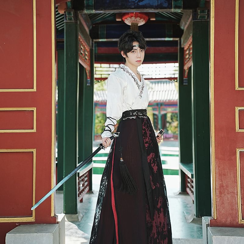 Tangier - Traditioneel Chinees topje met lange mouwen / mouwloos topje / maxi-A-lijn rok / riem / set