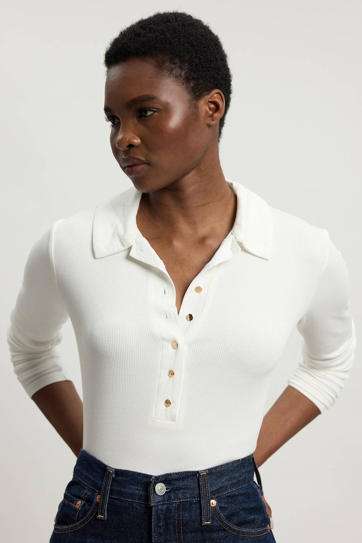 KarenMillen Haut à Boutons Col Chemise en Jersey Côtelé Viscose Manches Longues