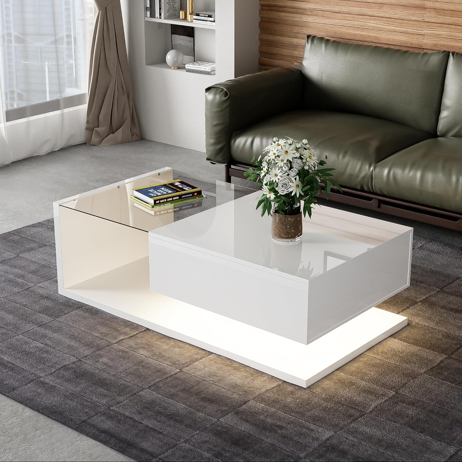 Merax Wohnzimmertisch, LED Couchtisch mit Schubladen, Hochglanz Kaffeetisch mit Stauraum, Modern Coffee Table, 105L x 55B x 32,5H cm, Weiß