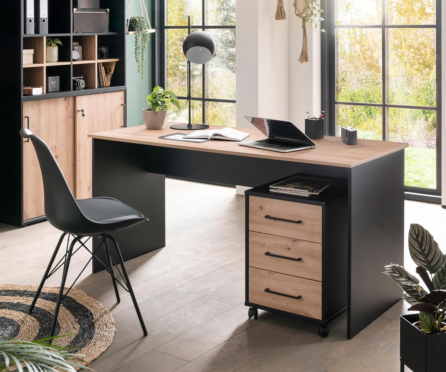 Schildmeyer Schreibtisch Aino 155696, Artisan Eiche Dekor/schwarz, 150 x 65 x 73,6 cm