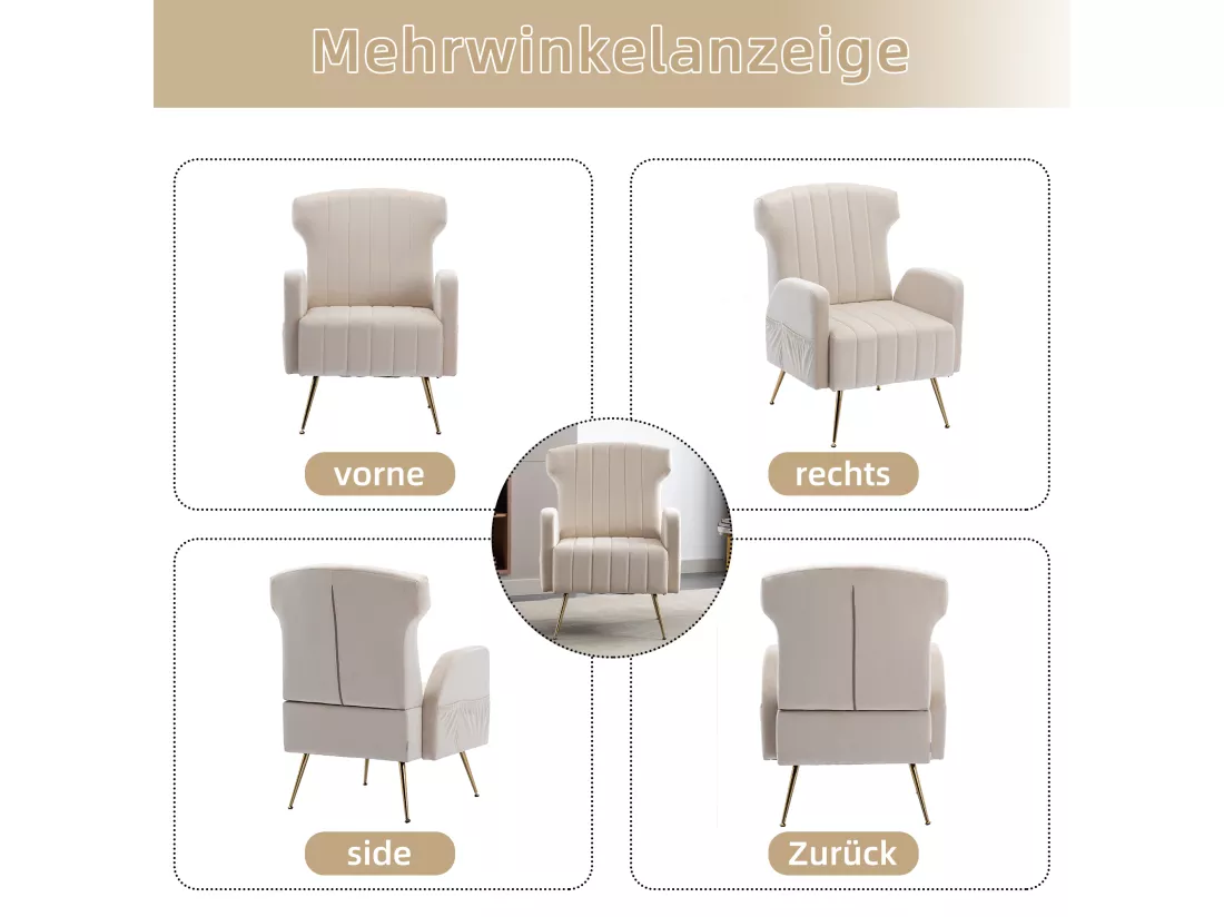 Chaise Décorative En Velours，pieds Dorés，fauteuil Confortable，haut Dossier
