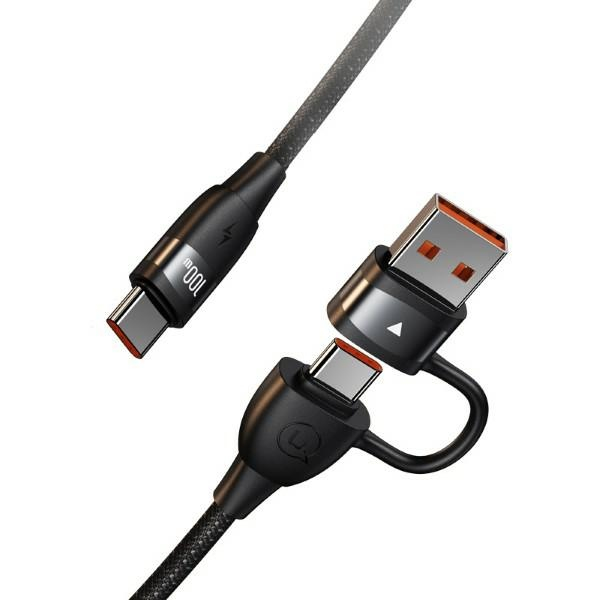 (1.2m) 100W 2in1 USB C / USB A auf USB C Nylon Ladekabel Fast Charging PD Datenkabel (US-SJ654) - Schwarz