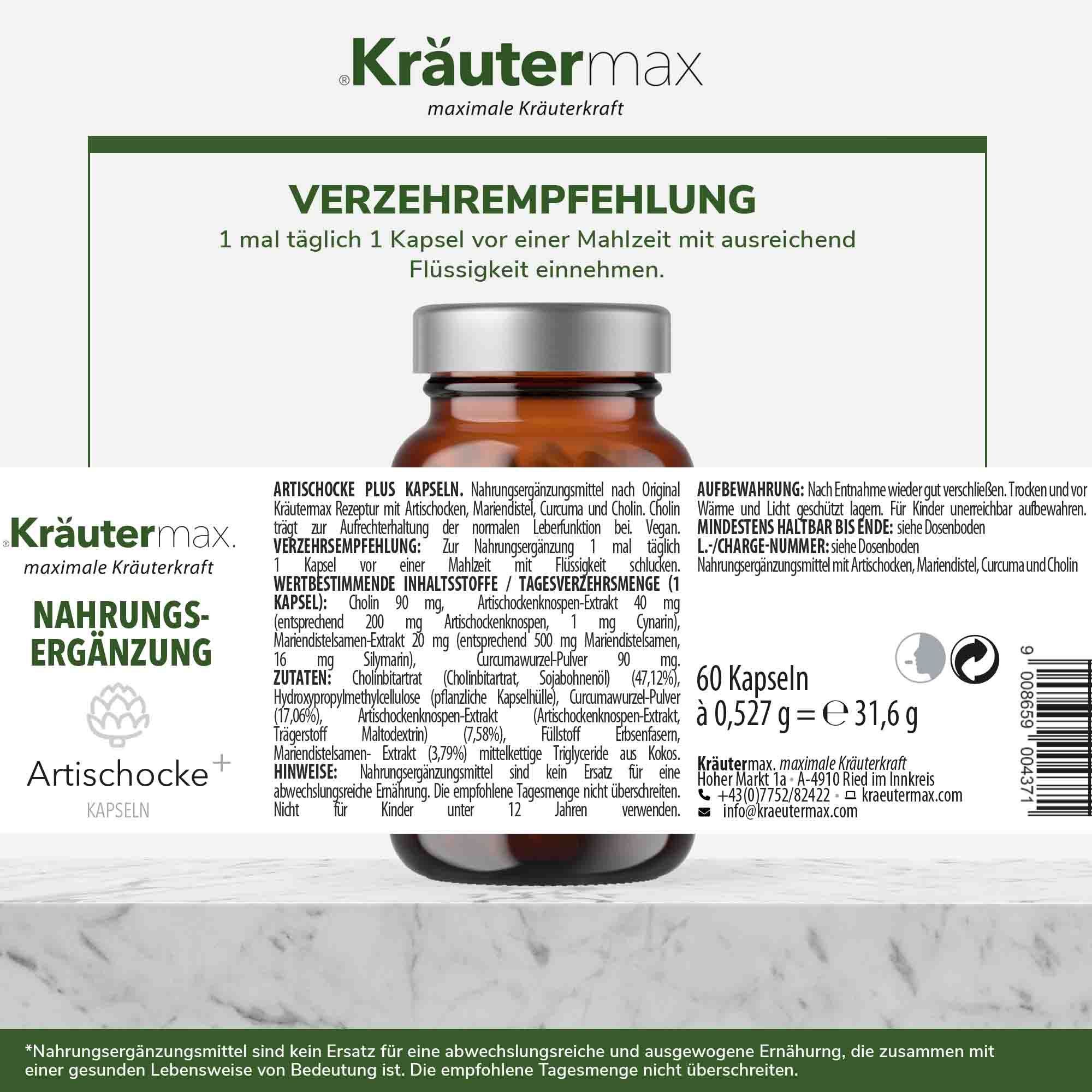 Kräutermax Artischocke plus Mariendistel und Curcuma Kapseln